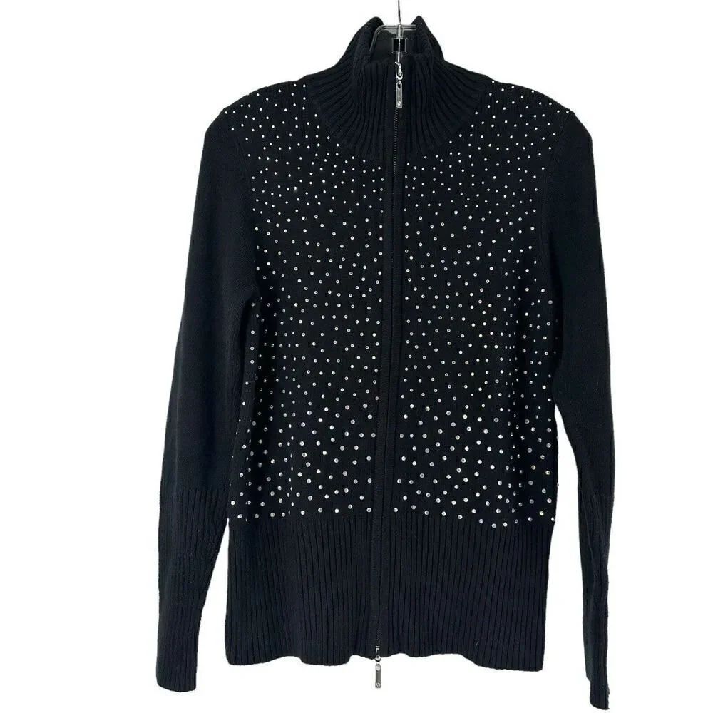 Boston Proper Cardigan Sweater Black Rhinestone Size M Silk Blend Double Zip Top